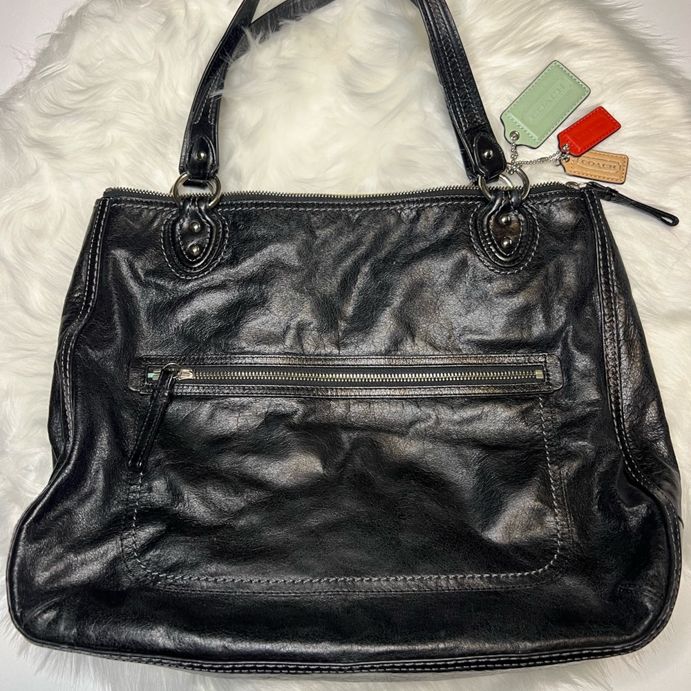 Coach Black Leather Shoulder Bag with Silver Accents